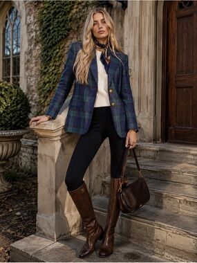 Lauren Ralph Lauren 10 Blue Green Tartan Plaid Linen Blazer Gold Crest Buttons